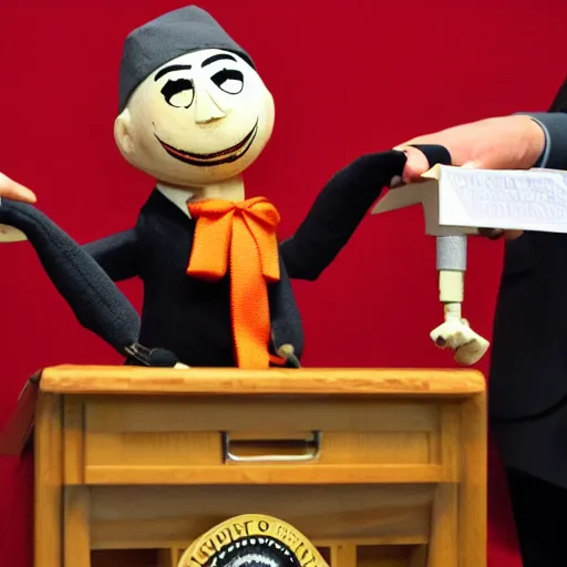 Image similar to president marionette with puppeteer in a podium giving a press conference