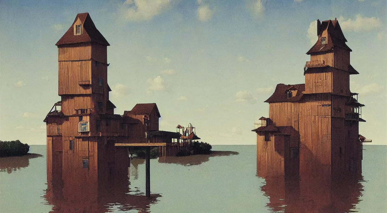 Image similar to single flooded simple wooden tower, very coherent and colorful high contrast!! masterpiece by rene magritte simon stalenhag carl spitzweg syd mead norman rockwell edward hopper james gilleard, surrealism!, minimalist, dark shadows, sunny day, hard lighting