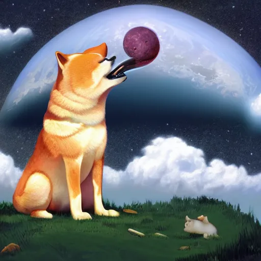 Image similar to giant shiba inu eating the earth, digital art, trending on artstation, highly detailed