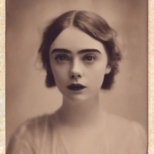 Image similar to headshot edwardian photograph of elle fanning, lily collins, scarlett johansson, 1 9 2 0 s film actress, realistic face, ethereal, 1 9 1 0 s, grainy, victorian, soft blur