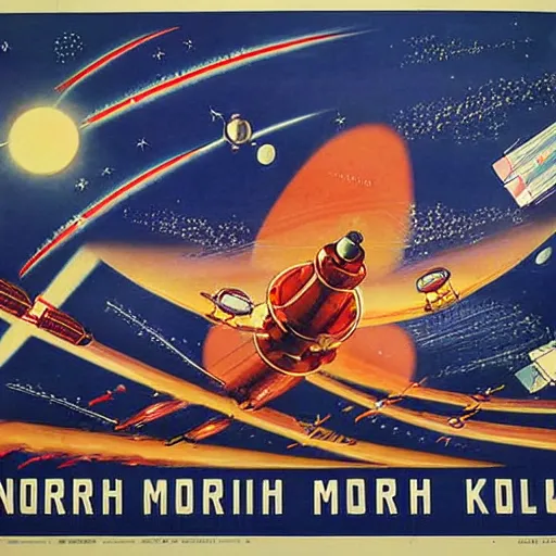 Image similar to [North Korean space mission, 1950 poster, very detailed, cinematic lighting, matte, sharp, photography]