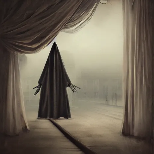 Image similar to ominous bedsheet ghost floating in front of a train, oil painting, brush strokes, gloomy foggy atmosphere, symmetrical, full body image, highly ornate intricate details,