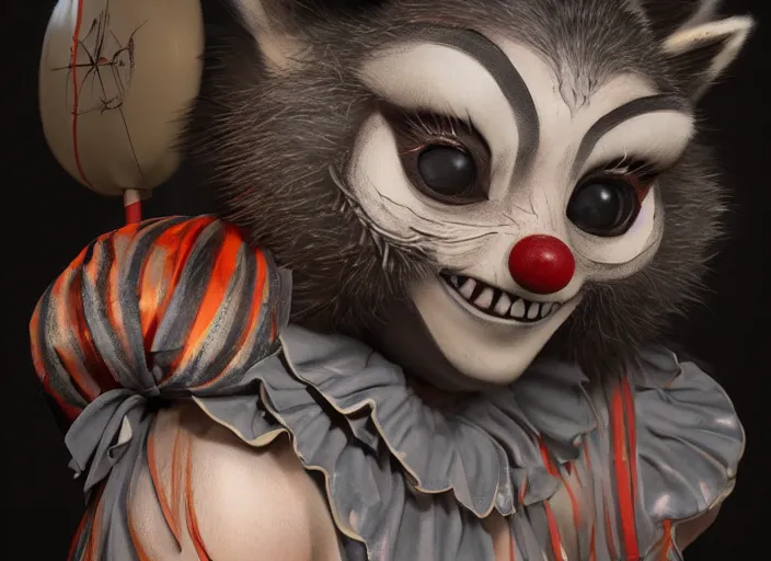 Image similar to award - winning detailed concept art of a creepy clown anthropomorphic raccoon character wearing clown makeup face paint. art by wlop on bcy. net, realistic. detailed fur, art by cheng yi. artstationhd, artgerm, 3 dcg, pixar zootopia. 3 d rendering, high quality model sheet, disney. model sheet detailed