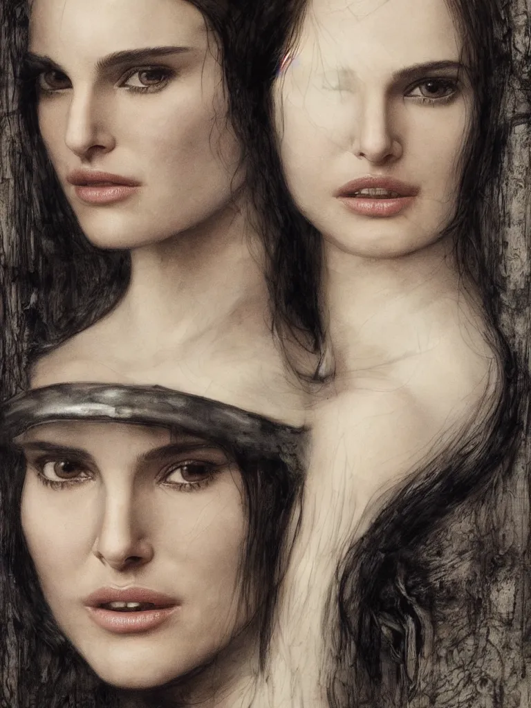 Prompt: a beautiful portrait of natalie portman by h.r. giger and by arthur rackham and by john william waterhouse, detailed, proportional, trending on art station, 4k