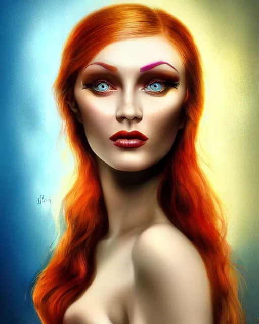 Prompt: a portrait of a beautiful woman with blue eyes and red hair, highly surrealistic face portrait in the style of Salvador Dali and Jim Warren, highly detailed, trending on artstationhq