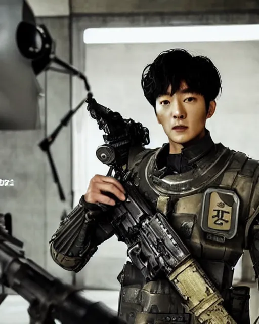 Prompt: Korean Actor Park Solomon as a Kerberos Panzer Cop in Live Action Jin Roh: The Wolf Brigade, wearing full Kerberos Panzer Cop armor and holding his MG 42 machine Gun, Studio Lighting, shot in the Style of Annie Leibovitz, Mamoru Ushii