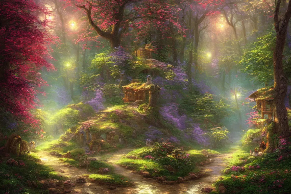 Prompt: fairy tale forest landscape painted by Thomas Kinkade, highly detailed, digital painting, artstation, concept art, smooth, sharp focus, illustration,