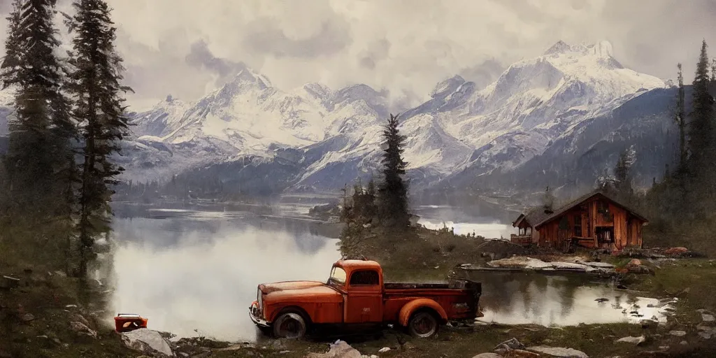 Prompt: a beautiful mountain lake surrounded by snowcapped mountains a single tiny log cabbin with smoke coming from the chimney and an single old truck by anders zorn and James Gurney and Greg Rutkowski, landscape, scenery, trending on artstation