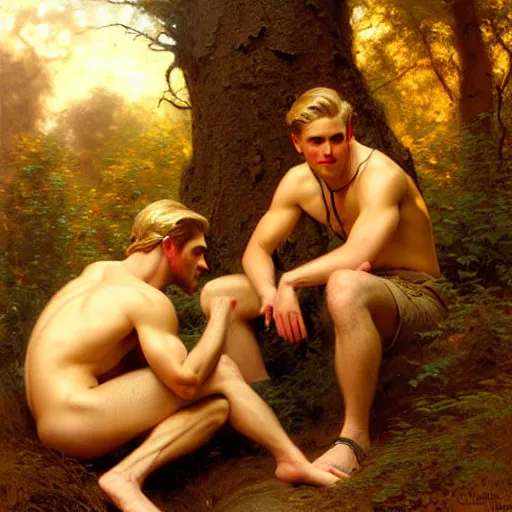 Image similar to attractive blonde male and attractive brunet male, in the woods near the fire. highly detailed painting by gaston bussiere, craig mullins, j. c. leyendecker 8 k