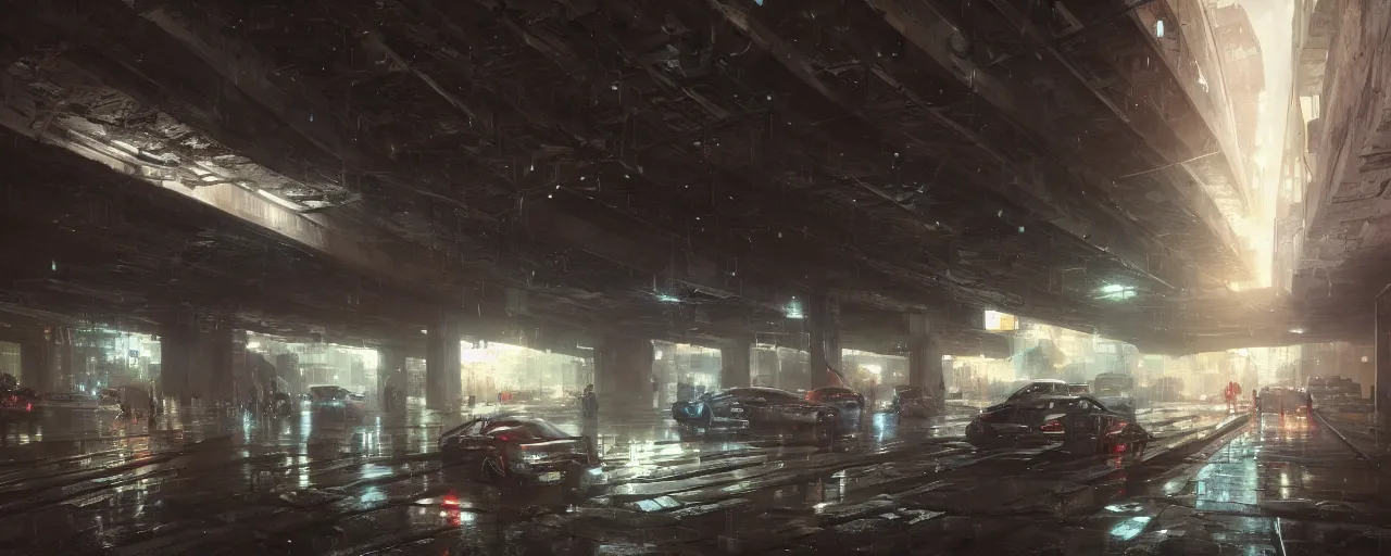 Image similar to under a highway bridge of a cyberpunk city, rain, night, flying shuttles, advertising pannels, rays of light, james gurney, greg rutkowski, unreal engine 5, artstation, sharp focus, award winning