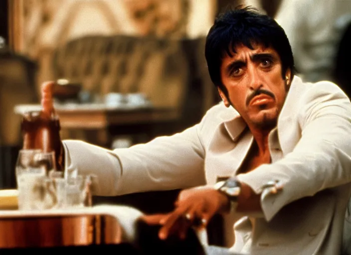 Image similar to tony montana from movie scarface 1 9 8 3 sitting behind a big black oak table with big large packages of flour. long shot. al pacino. perfect symmetric face, coherent eyes,, fine details, 4 k, ron cobb, cinestill