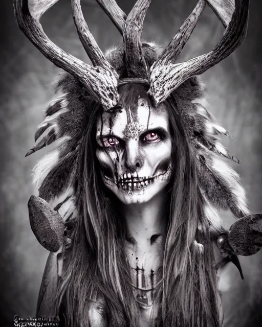 Image similar to deer - skull sisters ghost - spirit of the grim - warpaint wears the scarlet skull armor and native blood headdress antlers, midnight fog - mist!, cinematic lighting, various refining methods, micro macro autofocus, ultra definition, award winning photo, photograph by ghostwave - gammell - giger - shadowlord