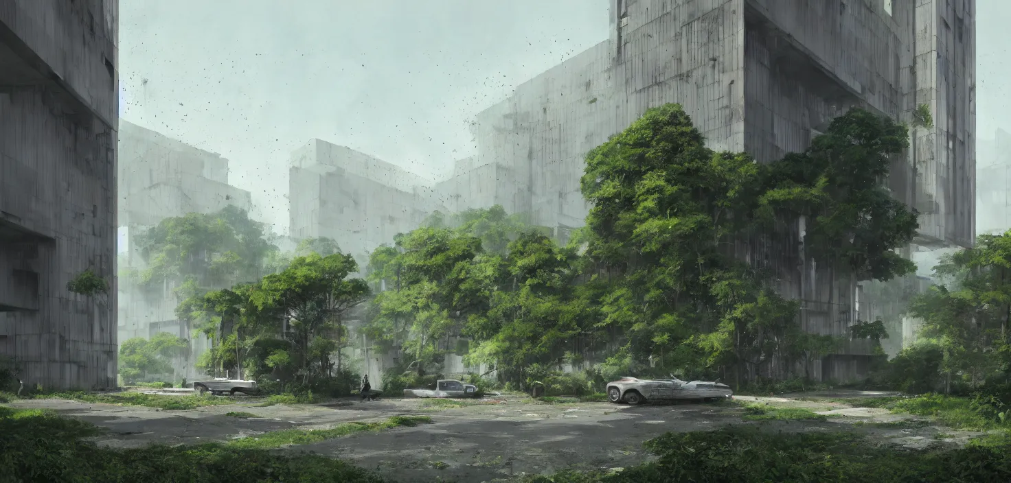 Prompt: brutalist architecture by Le Corbusier, abandoned buildings, empty streetscapes, surrounded by lush green vegetation, ground-level view, volumetric lighting, digital painting, highly detailed, artstation, sharp focus, illustration, concept art, ruan jia, steve mccurry, amazing composition