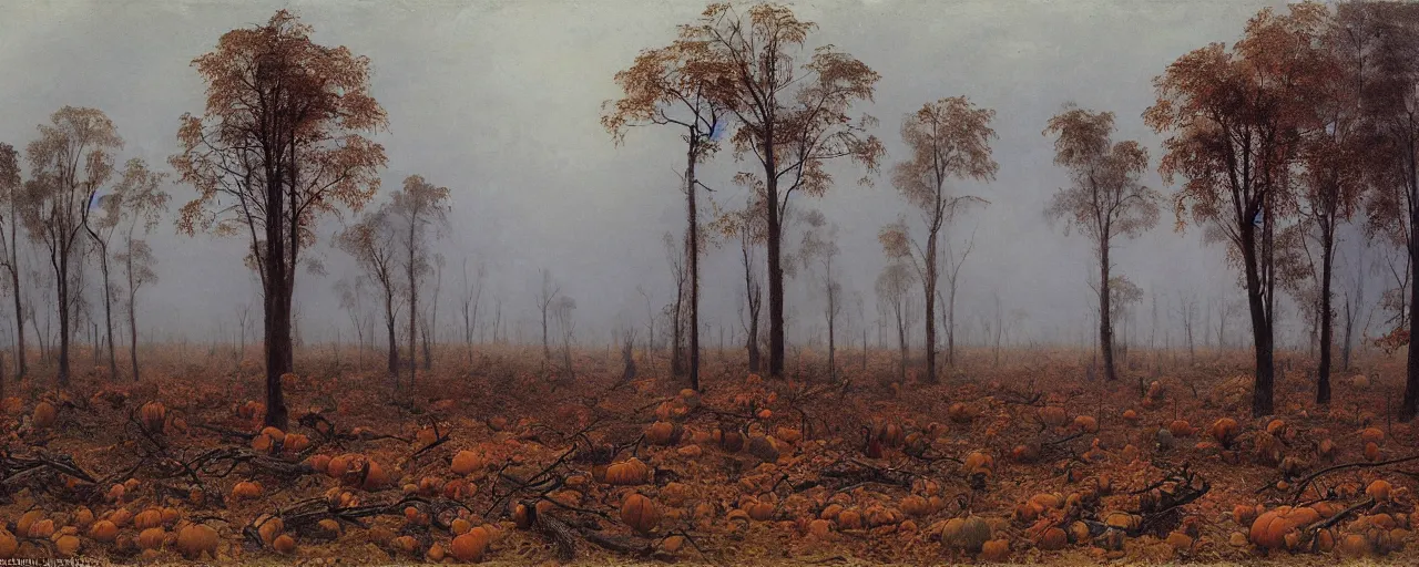 Prompt: a large pumpkin patch surrounded by fall dead trees spooky fog shrouded landscape, forest, matte painting, by Isaac Levitan and Vasily Perov