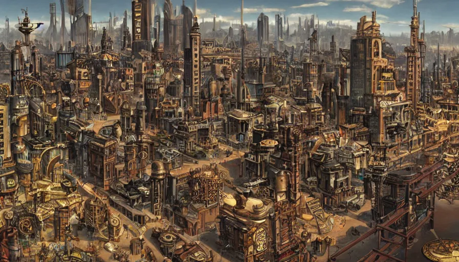 Image similar to a modern steampunk city from 1900, an anachronistic city with various objects that are out of place - H 1000