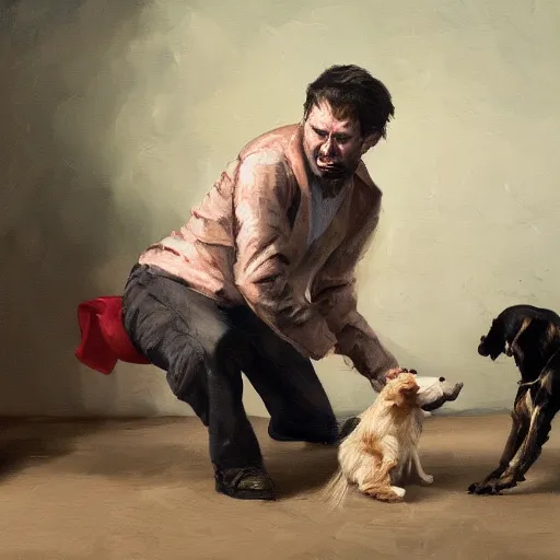 Prompt: a oil painting of a man angry at his dog and the dog is playing, digital painting, trending on art station, 8 k, masterpiece