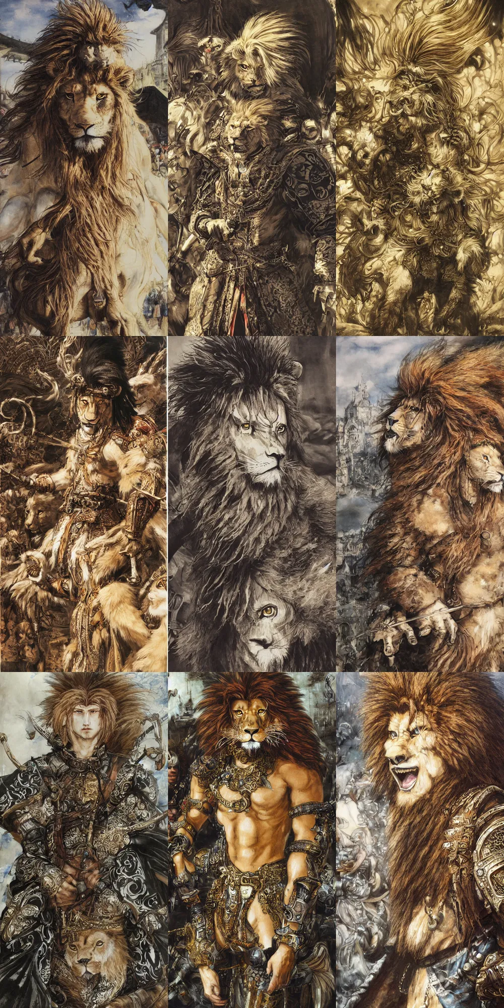 Image similar to 8 k yoshitaka amano painting of upper body of a young cool looking lion beastman with white mane at a medieval market at windy day. depth of field. he is wearing complex fantasy clothing. he has huge paws. renaissance style lighting.