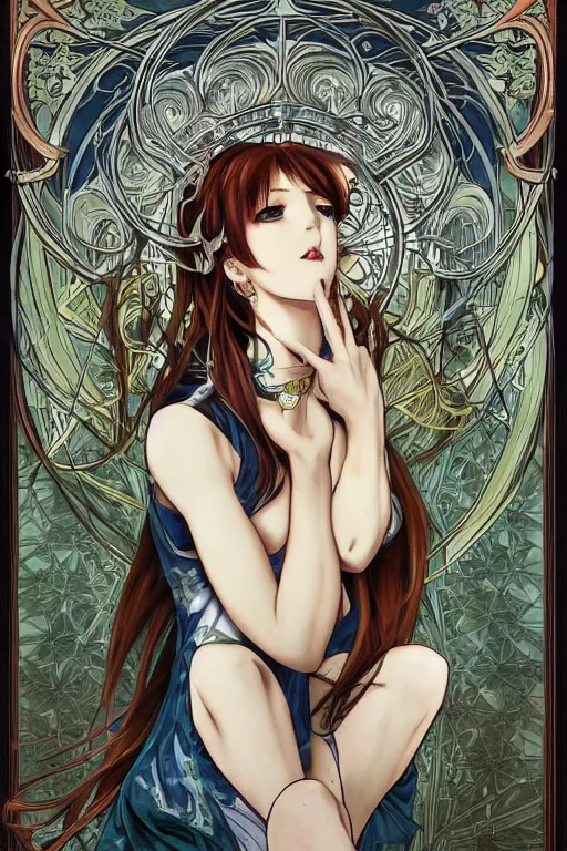 Image similar to Stylish Kurisu Makise tonemapped in the style of Ayami Kojima and Alphonse Mucha