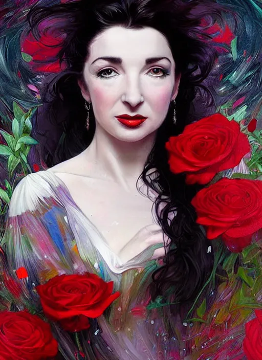 Prompt: portrait of kate bush against a neon multicolored background, lush black hair, pale skin, white and red roses, flowing material, intricate, beautiful cinematic lighting, stunning painting by artgerm, caravaggio, android jones, wadim kashin, alphonse mucha