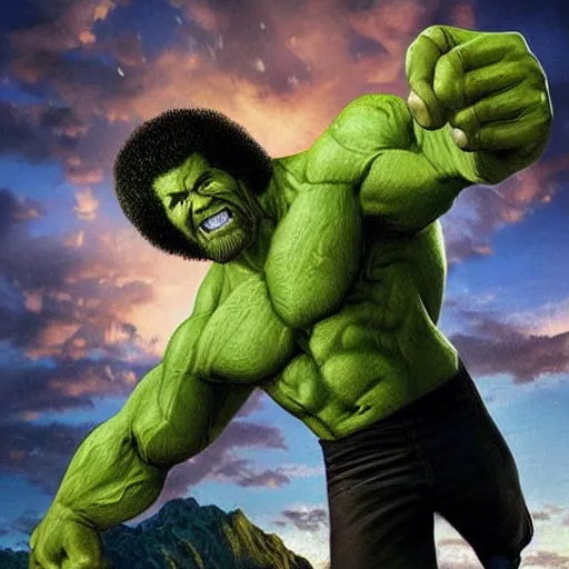 Image similar to photomanipulation of BOB ROSS as hulk, marvel