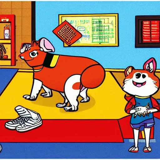 Prompt: a dog at the gym by richard scarry