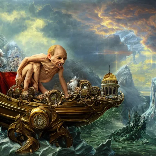 Image similar to Putin as Mystical Gollum, Realistic, Regal, Refined, Detailed Digital Art, Michael Cheval, Walt Disney (1937), François Boucher, Oil Painting, Steampunk, Highly Detailed, Cinematic Lighting, Unreal Engine, 8k