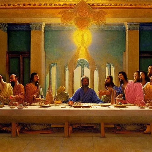 Image similar to buddha explaining the universe in last supper painting by gaston bussiere, craig mullins, j. c. leyendecker, lights, art by ernst haeckel, john william godward, hammershøi,,