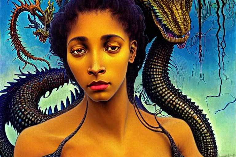 Image similar to realistic extremely detailed closeup portrait painting of a beautiful black woman, mutant dragon and a single old house on background by Jean Delville, Amano, Yves Tanguy, Alphonse Mucha, Ernst Haeckel, Edward Robert Hughes, Roger Dean, rich moody colours