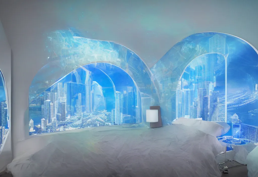 Image similar to curved translucent windows projecting florida hologram weathermap, pixel perfect photograph, high contrast, volumetric lighting, thin glowing lights, bedroom, visor, users, pair of keycards on table