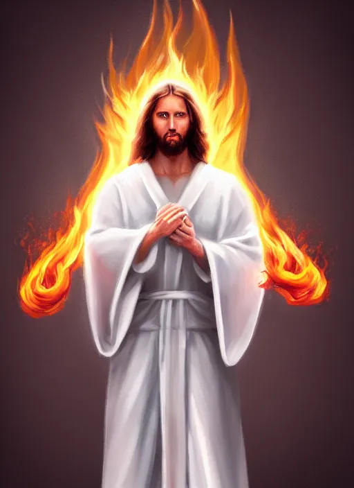 Prompt: « full length portrait of the white - tailed jesus in a white robe and flame in eyes, seven stars in right hand, grim - lighting, high - contrast, intricate, elegant, highly detailed, digital painting, artstation, concept art, smooth, sharp focus, illustration »