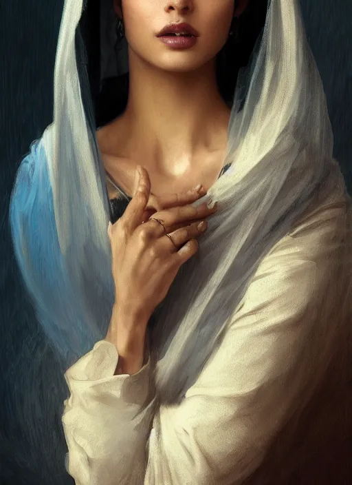 Image similar to a Photorealistic dramatic hyperrealistic render of an arab ameera al taweel, blue eyes, black hair, white veil,by WLOP,Artgerm,Greg Rutkowski,Alphonse Mucha, Beautiful dynamic dramatic dark moody lighting,shadows,cinematic atmosphere,Artstation,concept design art,Octane render,8K