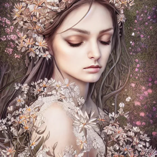 Prompt: a picture of a beautiful woman with a symmetrical detailed face, dressed in a white lace dress and covered in flowers and leaves sitting in an enchanted forest, sunset, high fantasy, elegant, epic, detailed, intricate, digital painting, concept art, realistic detailed face, smooth, focus,