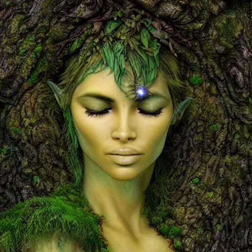 Prompt: Moss-covered Gaia goddess shedding a single tear, golden hour, photorealistic, breathtaking, extremely detailed