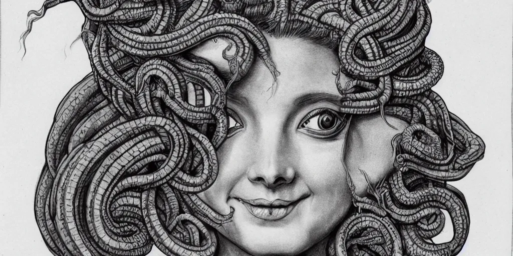 Prompt: realistic portrait of a beautiful symmetrical smiling medusa with her snake hair, 1450, ink, ultra realistic, 8k