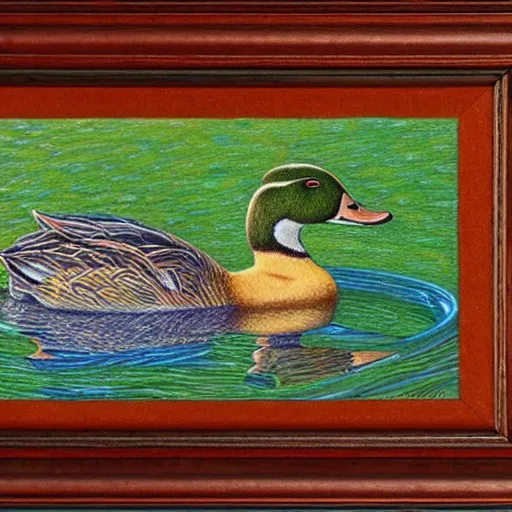 Image similar to Colored pencil art on paper, Ducks swimming in pond, highly detailed, artstation, MasterPiece, Award-Winning, Caran d'Ache Luminance