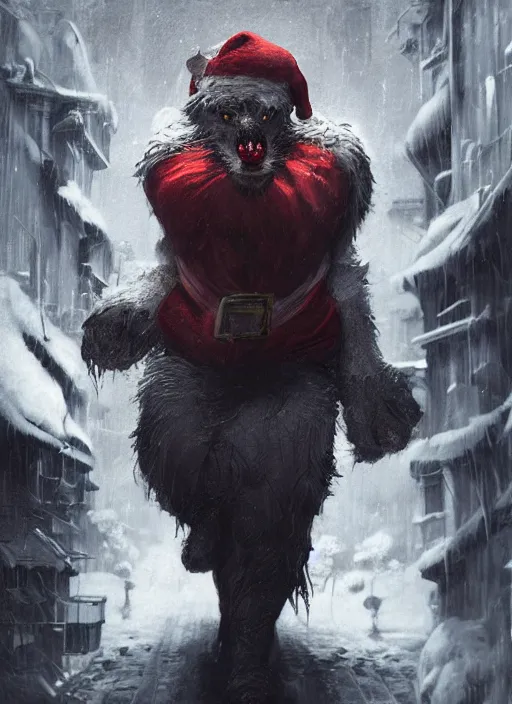 Image similar to portrait, werewolf Santa Clause, dark, gritty, scary, dramatic lighting, cinematic, establishing shot, extremly high detail, foto realistic, cinematic lighting, post processed, concept art, artstation, matte painting, style by eddie mendoza, raphael lacoste, alex ross