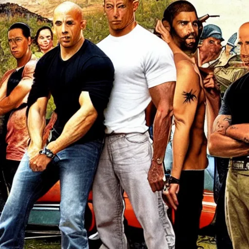 Image similar to the fast and furious cast as a Norman Rockwell painting