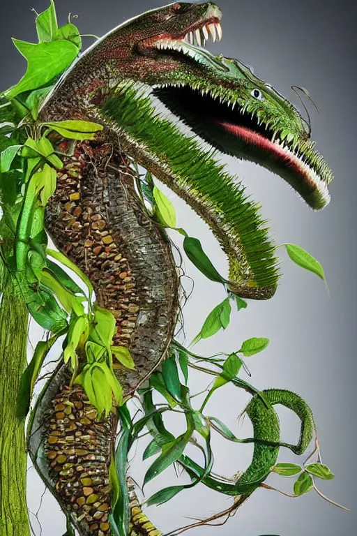 Image similar to a carnivorous plant with a long vine and the head of a barracuda, a carnivorous plant with a long vine and the head of a alligator, side view of a plant showing roots stem and bud, plant photograph showing roots underground