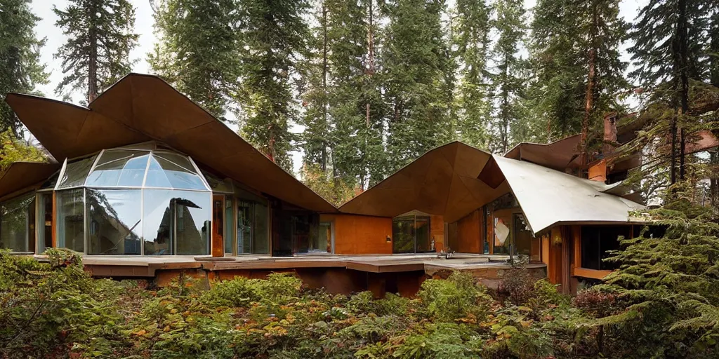 Prompt: large geodesic dome residence, pacific northwest, cedar and white concrete, many windows, triangular elements designed by frank lloyd wright and olson kundig