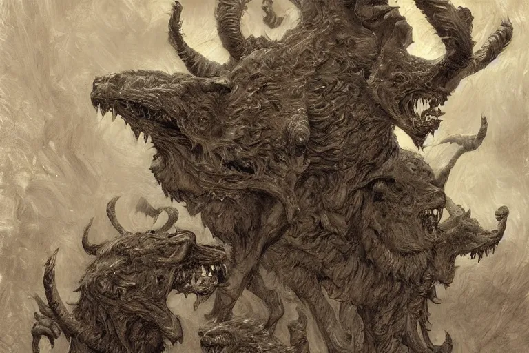 Image similar to cerberus hyperdetailed photo of a cerberus by ed binkley, ilya repin, alex horley, johfra bosschart, craig mullins, three head one body, cerberus, details