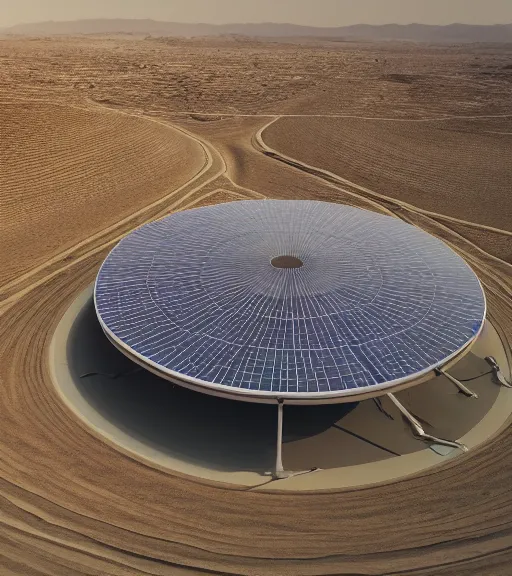 Image similar to dominador radial vertical solar power plant in the desert, spatial structure, former gasometer in rome, white sheets, trending on artstation, behance, octane render, award winning, archviz, matte painting, epic