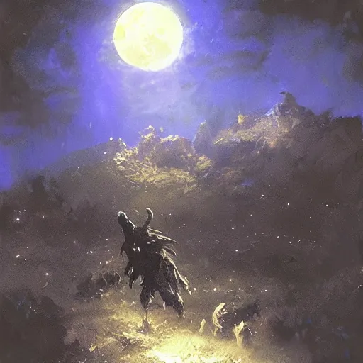 Image similar to a monster in the sky, horryfying, dark night, blue clouds illuminated by the moon, monster illuminated by the moon, eerie by craig mullins