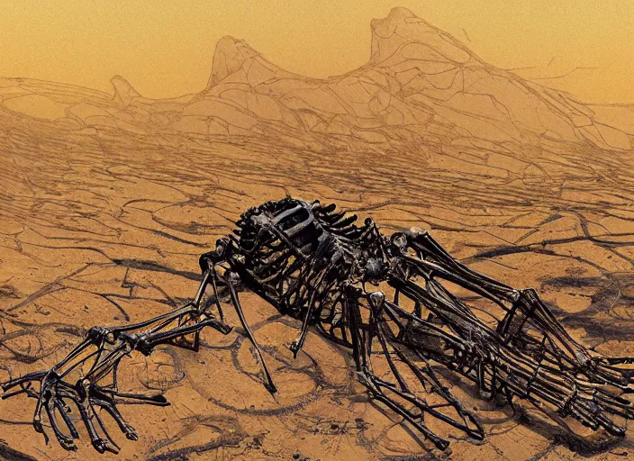 Image similar to burned and smokdering android skeleton lying on sand, embers and smoke, aftermath of fire, synthetic human without skin, accurate human skeletal anatomy, rib cage, skull, westworld, highly detailed, atmosphere, dramatic light, epic composition, wide angle, by moebius, katsuhiro otomo, tsutomu nihei, laurie greasley