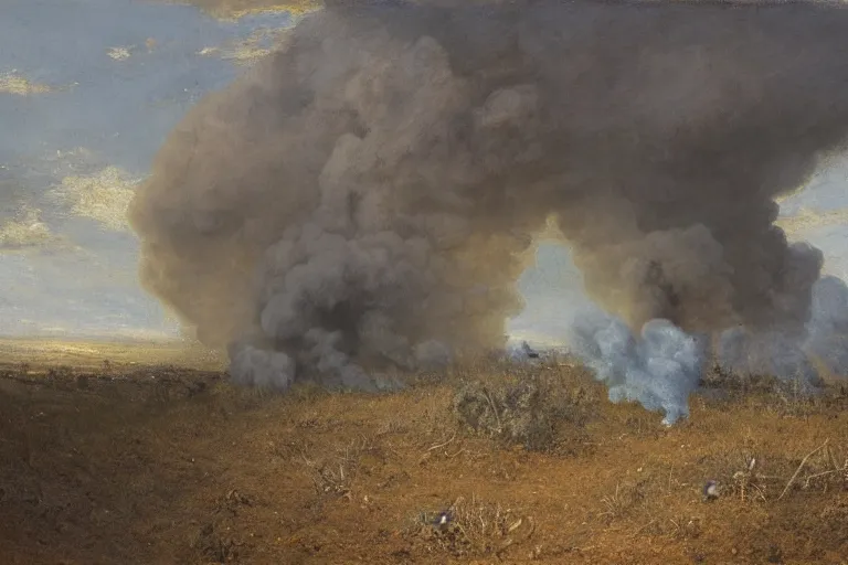 Prompt: american civil war trench battle, huge explosions everywhere, clouds of smoke, in the style of jean - francois millet
