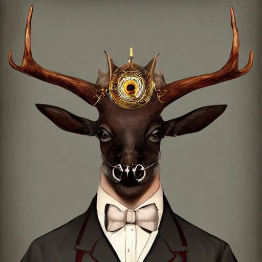 Image similar to a upper body portrait of a deer lord with monocle and top hat, intricate detail, digital art, trending on artstation