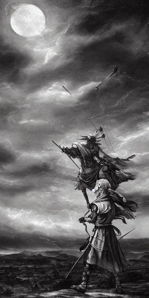 Prompt: a medieval don quixote walking alone in the night during a stormcloud with Lamancha windmills in the distance dramatic airbrushed clouds over black background by Luis royo and Caravaggio airbrush fantasy 80s, realistic masterpiece