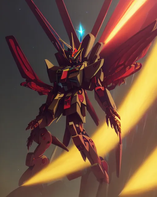 Image similar to highly detailed vfx portrait of an demonic gundam with wings of feathers beam saber fighting in space with a beam gun, unreal engine, greg rutkowski, loish, rhads, beeple, makoto shinkai and lois van baarle, ilya kuvshinov, rossdraws, tom bagshaw, alphonse mucha, global illumination, detailed and intricate environment