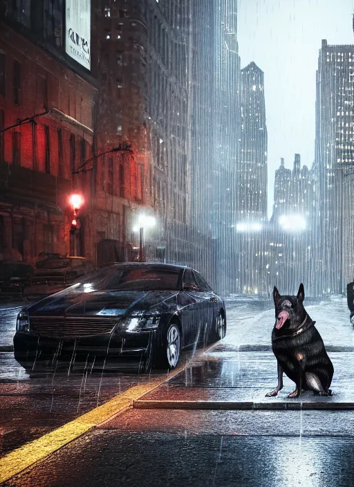 Image similar to watch dogs game, chicago city rainy detailed, a dog is sitting on the street, soft lighting