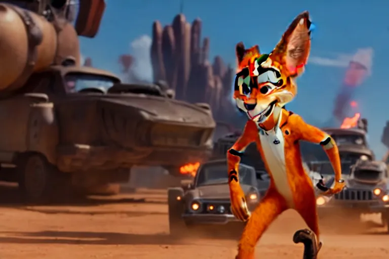 Image similar to nick wilde ( from zootopia ), heavily armed and armored facing down armageddon in a dark and gritty reboot from the makers of mad max : fury road