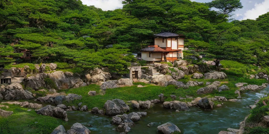 Prompt: a serene landscape with a singular building near a river with rocks at sunshine, ghibli studio